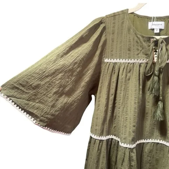 Annie Wear Olive Tiered Mini Babydoll Dress Pockets Short Sleeve NWT - Picture 13 of 15